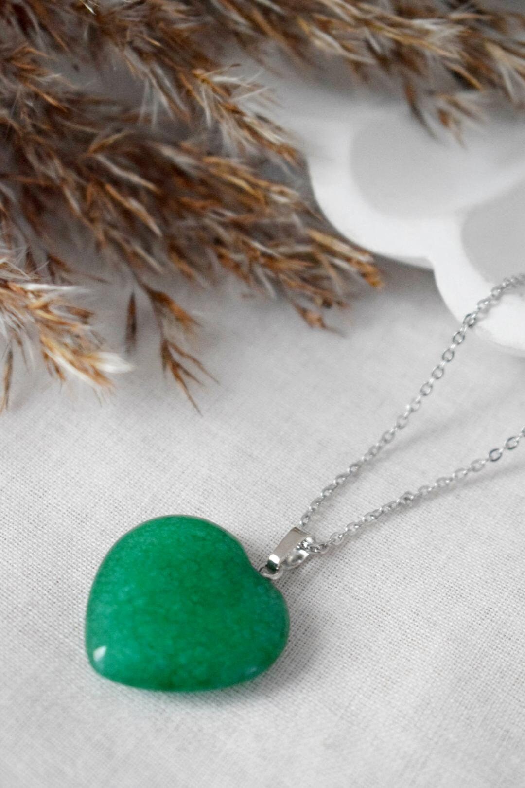 Green Jade Heart Necklace - Stainless Steel Chain Jewelry