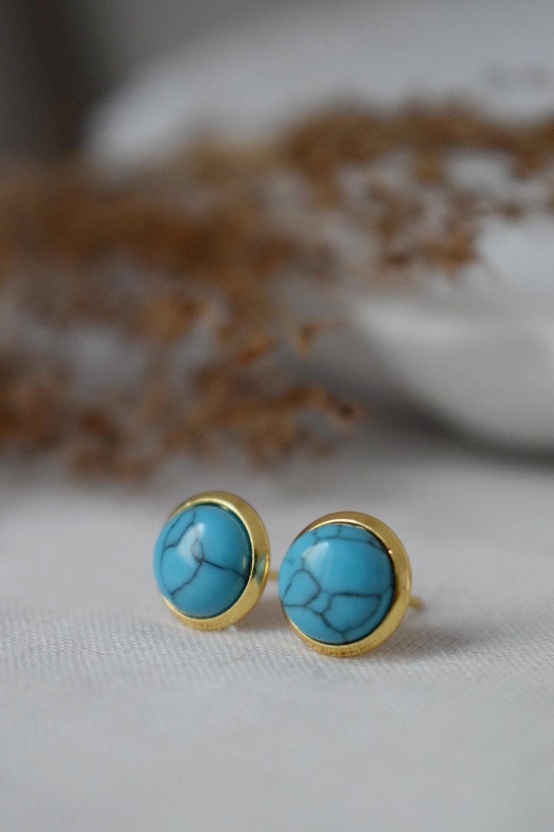 Turquoise stud earrings, Minimalist 18k gold plated stainless steel push backs, Post earrings, Unisex lightweight jewelry, Christmas gift