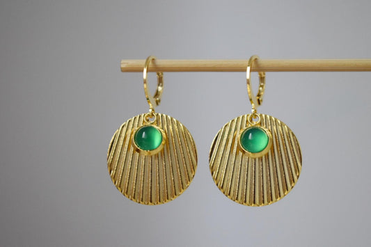 Grüne Achat Ohrringe, Runde Scheibenohrringe, 24k vergoldete Edelstahlohrringe, Leichter Schmuck, Bestes Weihnachtsgeschenk für Sie