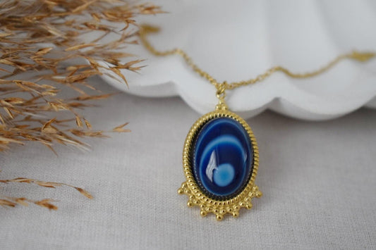 Blaue Achat Halskette Gold, Ovale Edelstein Viktorianische Halskette für Frauen, Einzigartiger Anhänger, Stein Statement Halskette, Achat Schmuck, Geschenk für Sie