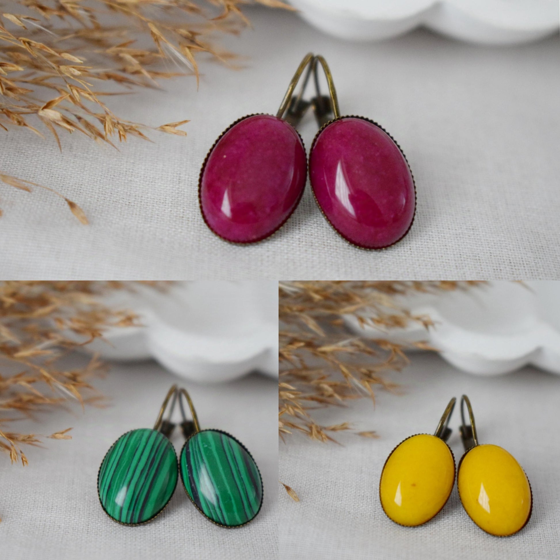 Malachite dangle earrings, Green gemstone vintage jewelry