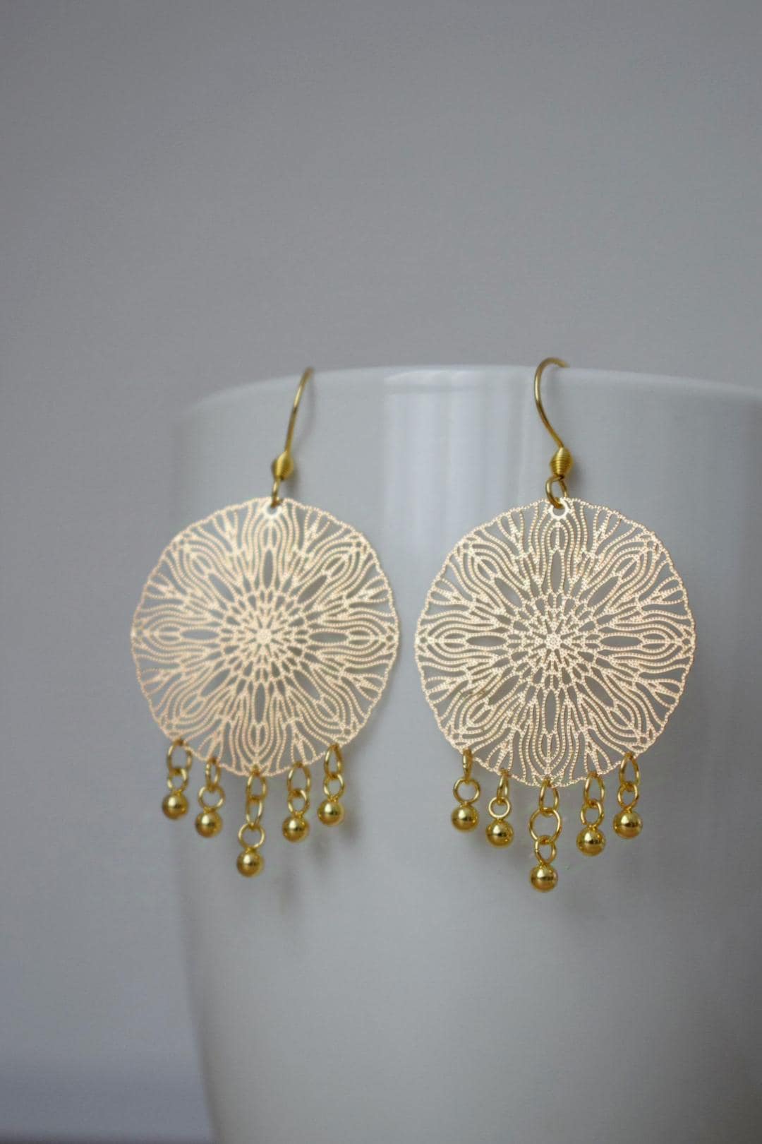 Ornament Ohrringe für Frauen, Mandala Gold Ohrringe, Edelstahl Ohrringe, Boho filigrane Gold Ohrringe, Mandala Schmuck, Geschenk für Sie