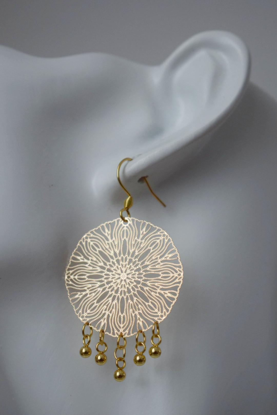 Ornament Ohrringe für Frauen, Mandala Gold Ohrringe, Edelstahl Ohrringe, Boho filigrane Gold Ohrringe, Mandala Schmuck, Geschenk für Sie