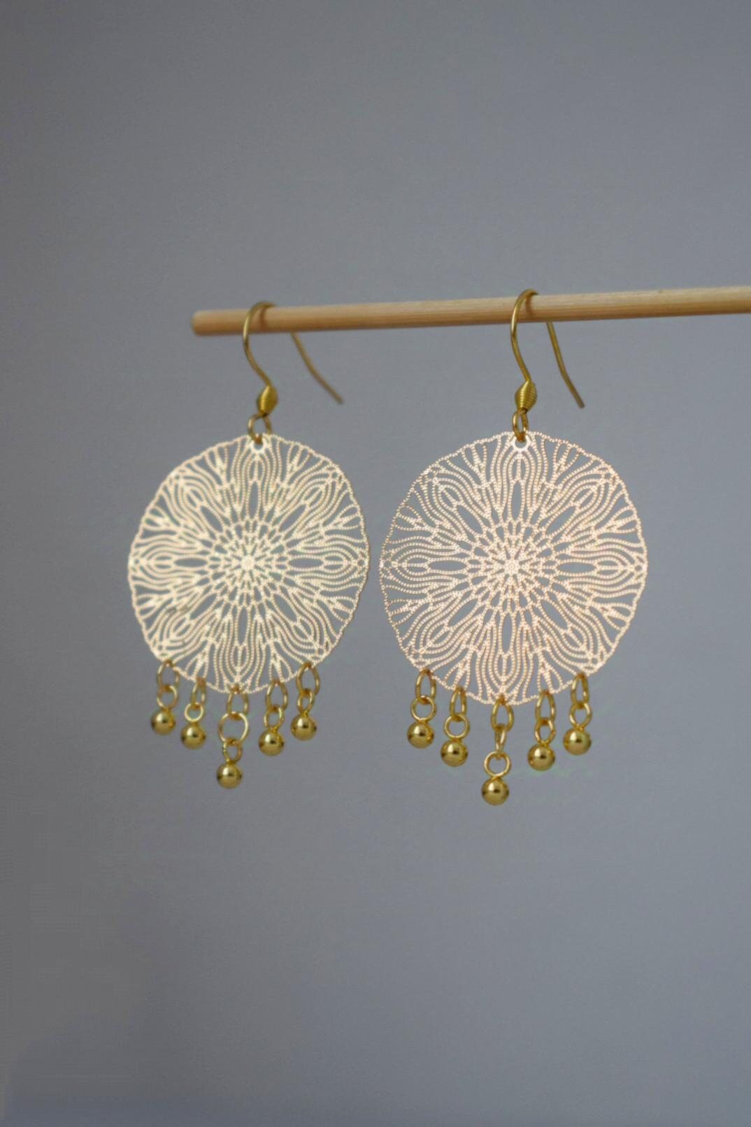 Ornament Ohrringe für Frauen, Mandala Gold Ohrringe, Edelstahl Ohrringe, Boho filigrane Gold Ohrringe, Mandala Schmuck, Geschenk für Sie