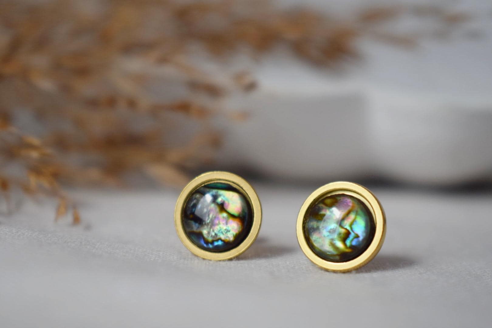 Abalone Shell Stud Earrings: Gold Plated Stainless Steel, Jewelry Gift
