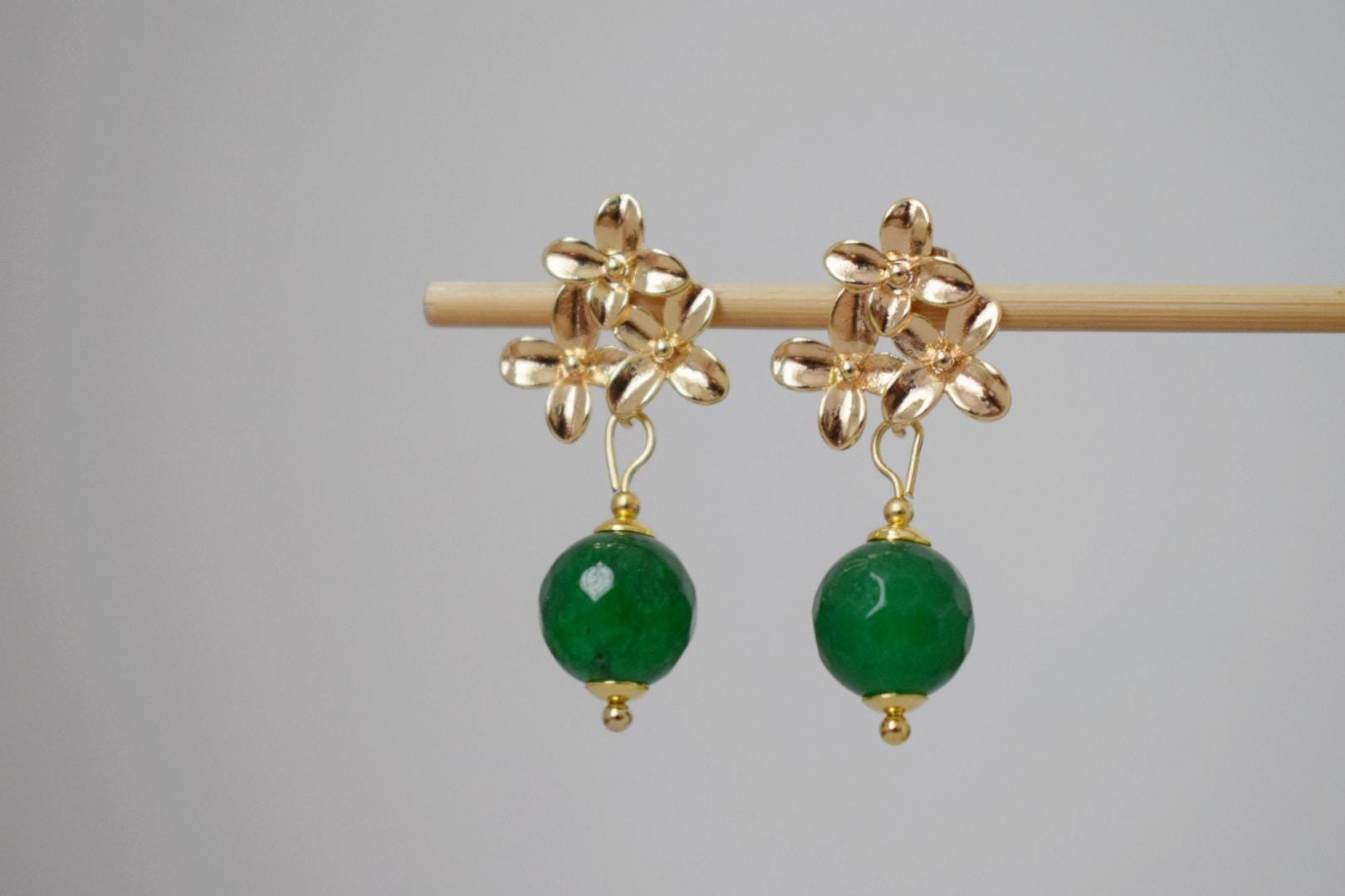 Green Jade Earrings, 18K Gold Flower Studs, Gemstone Jewelry