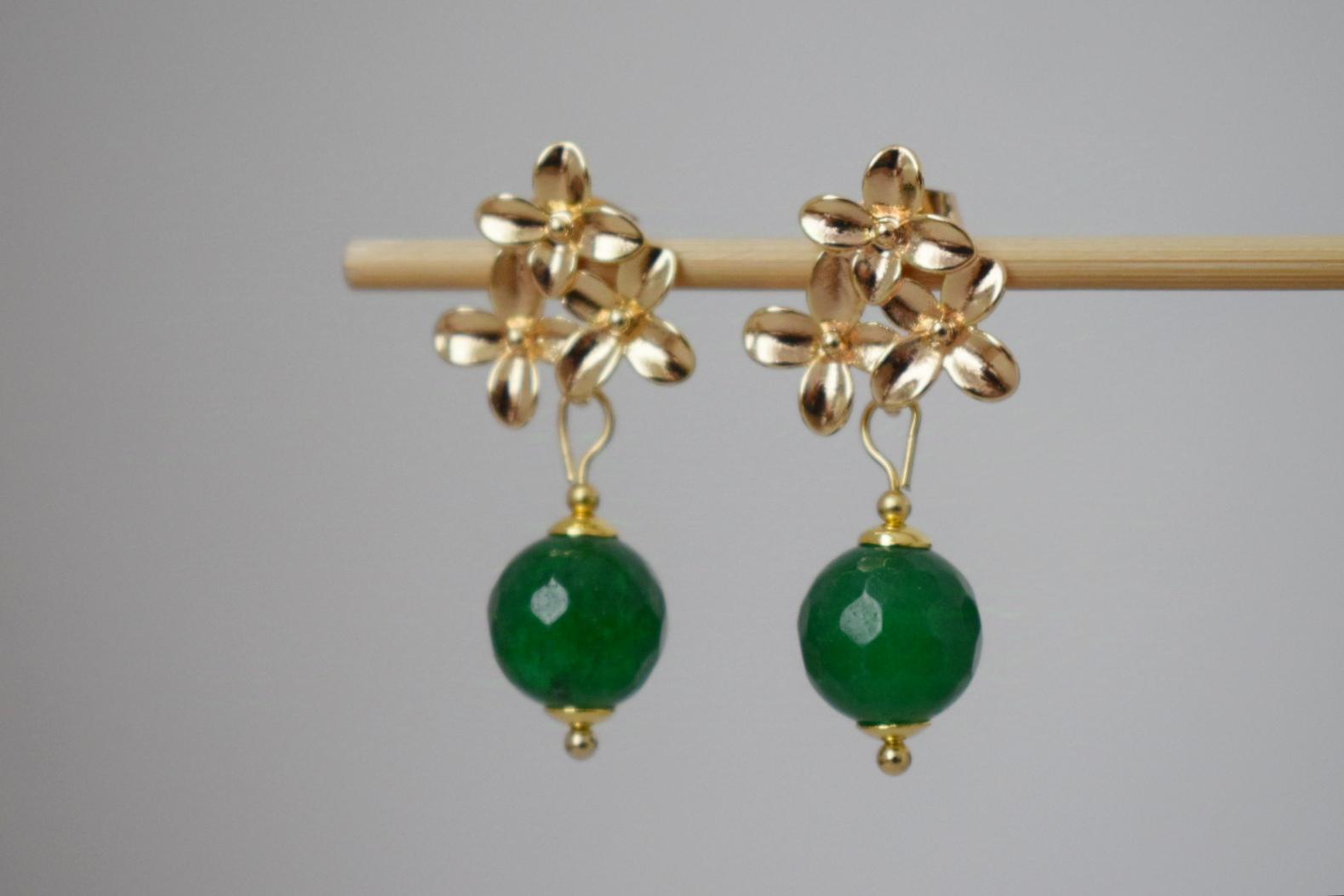 Green Jade Earrings, 18K Gold Flower Studs, Gemstone Jewelry