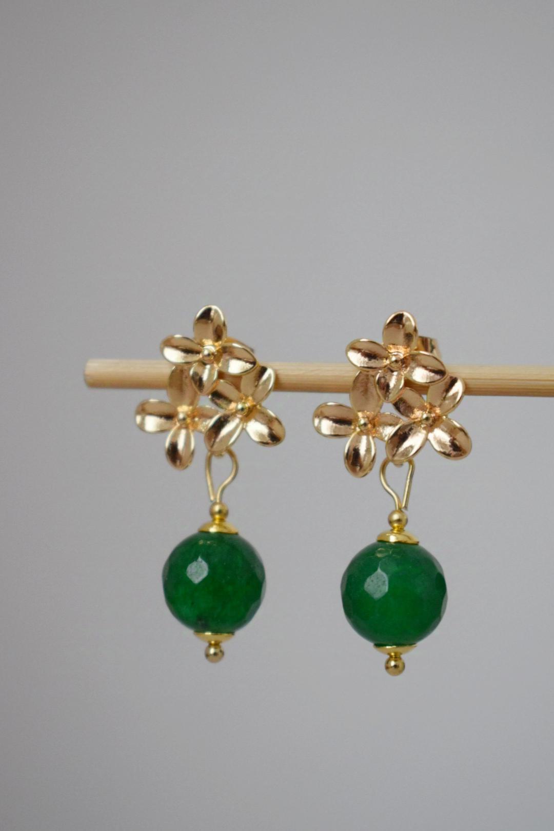 Green Jade Earrings, 18K Gold Flower Studs, Gemstone Jewelry