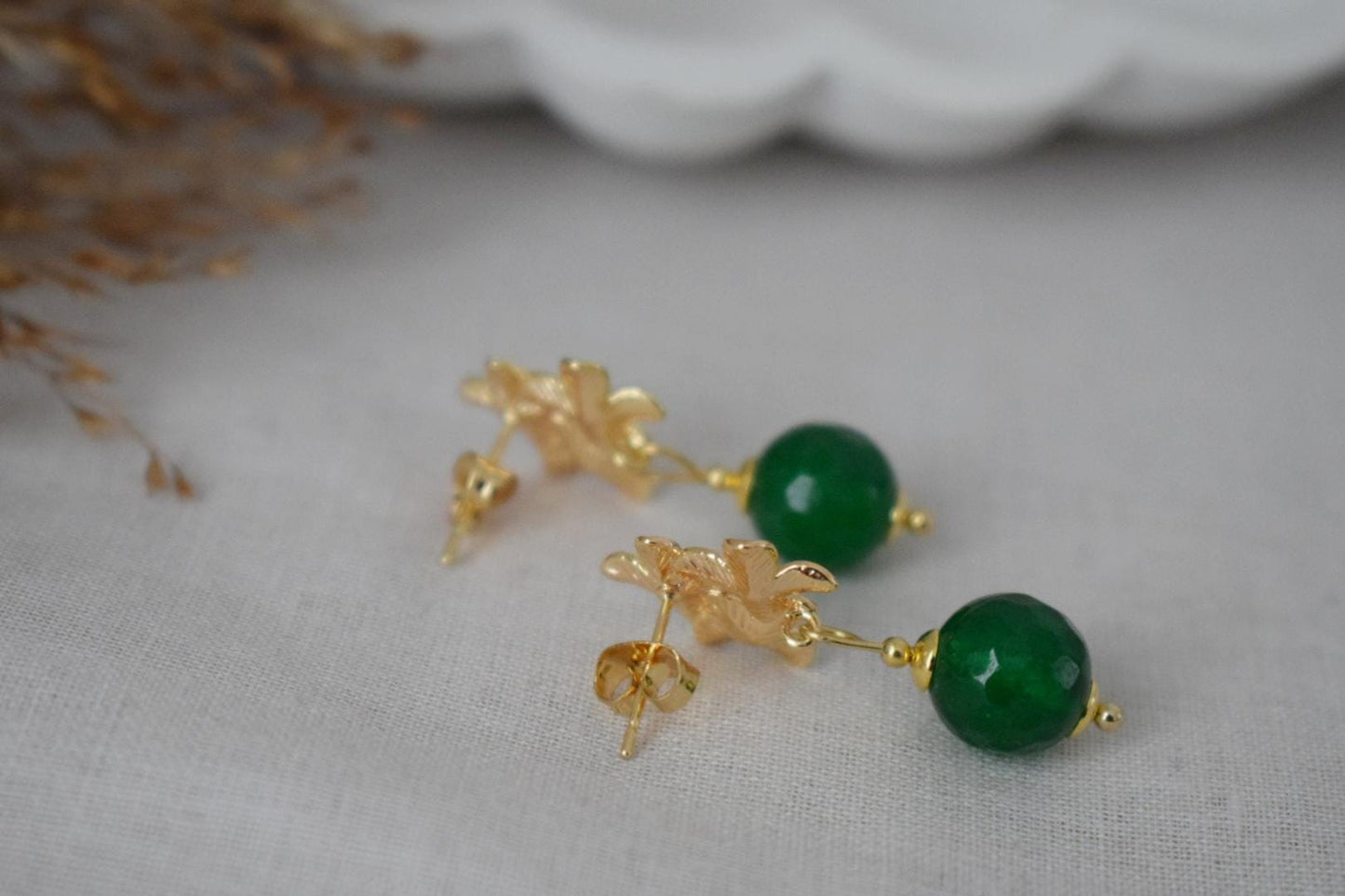 Green Jade Earrings, 18K Gold Flower Studs, Gemstone Jewelry