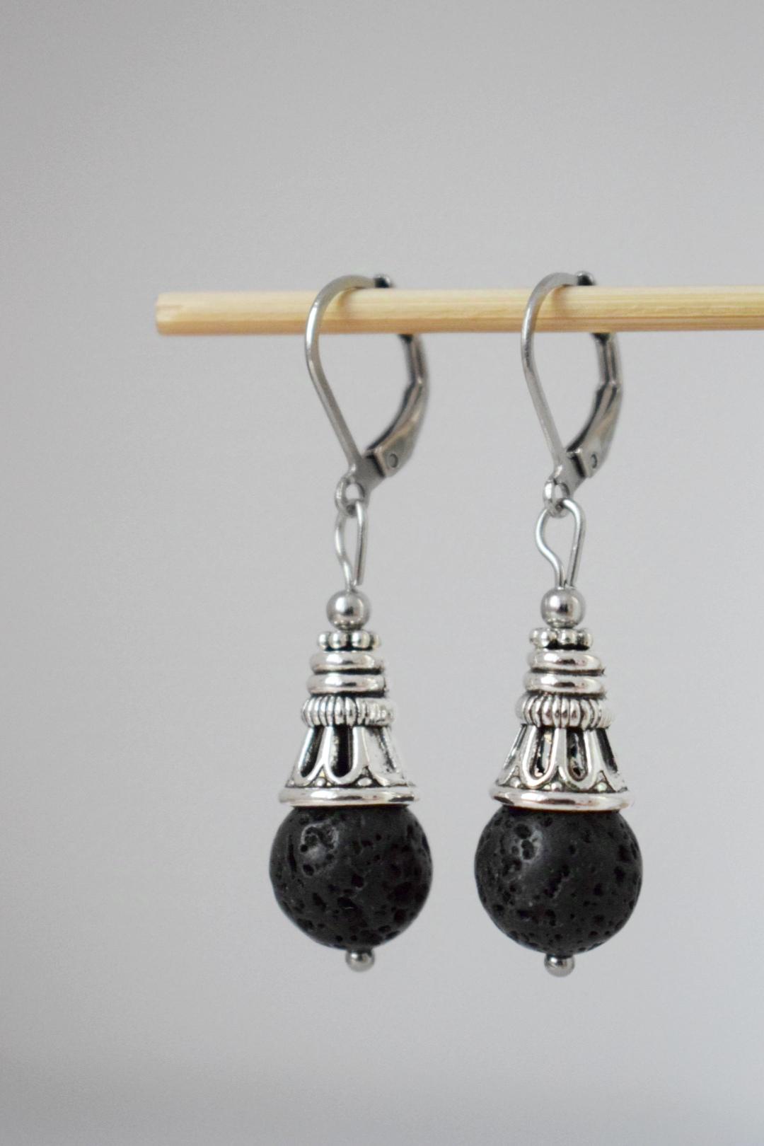 Lava Stone Diffuser Earrings: Black Gemstone Huggie Hoops, Stainless Steel