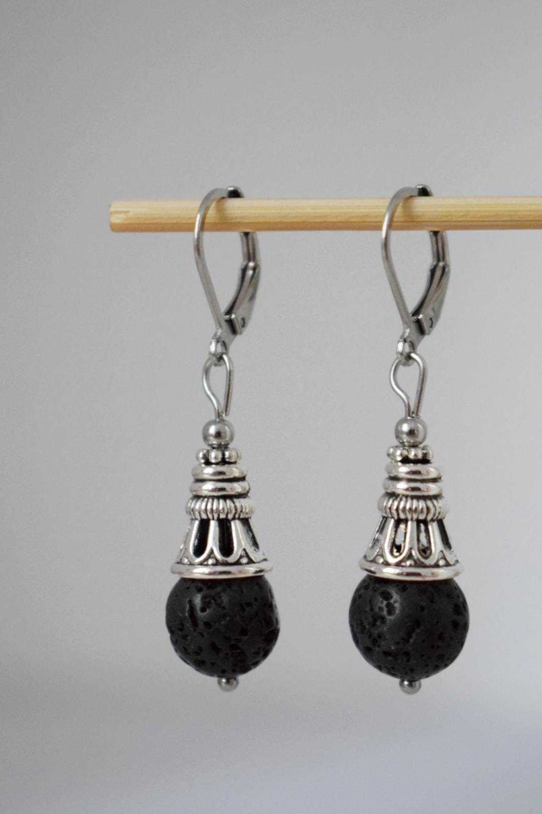 Lava Stone Diffuser Earrings: Black Gemstone Huggie Hoops, Stainless Steel