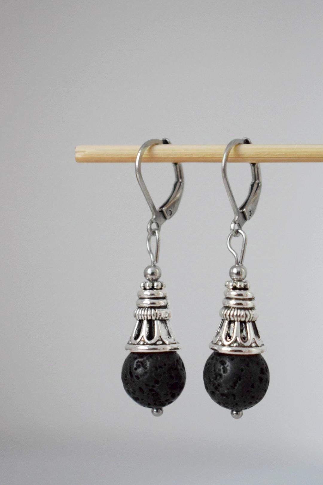 Lava Stone Diffuser Earrings: Black Gemstone Huggie Hoops, Stainless Steel