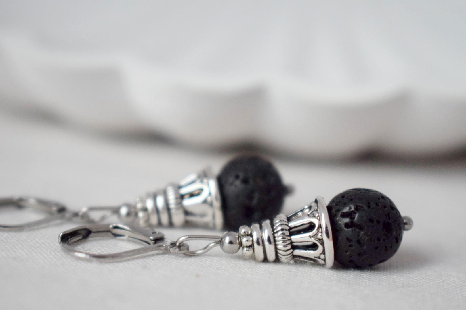 Lava Stone Diffuser Earrings: Black Gemstone Huggie Hoops, Stainless Steel