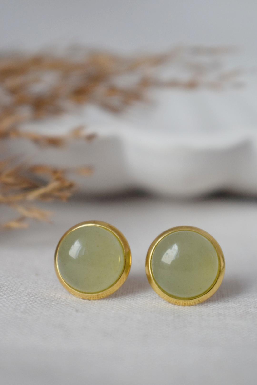Green Aventurine Stud Earrings, 18k Gold Plated Stainless Steel Jewelry