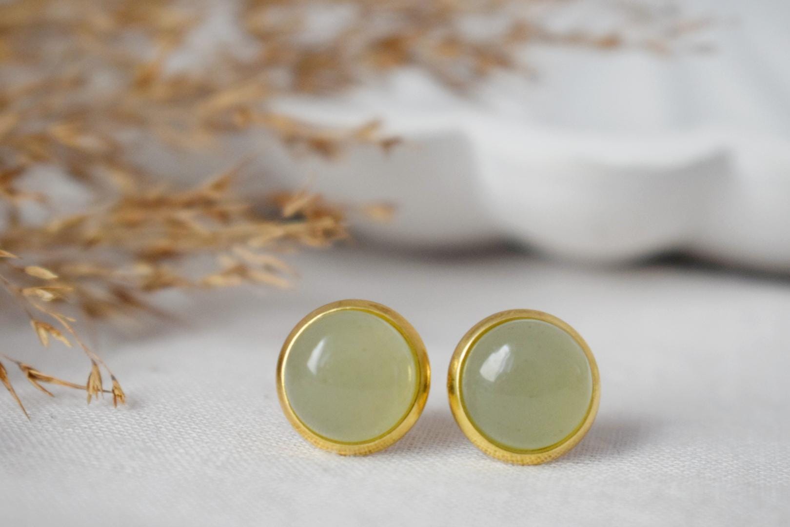 Green Aventurine Stud Earrings, 18k Gold Plated Stainless Steel Jewelry