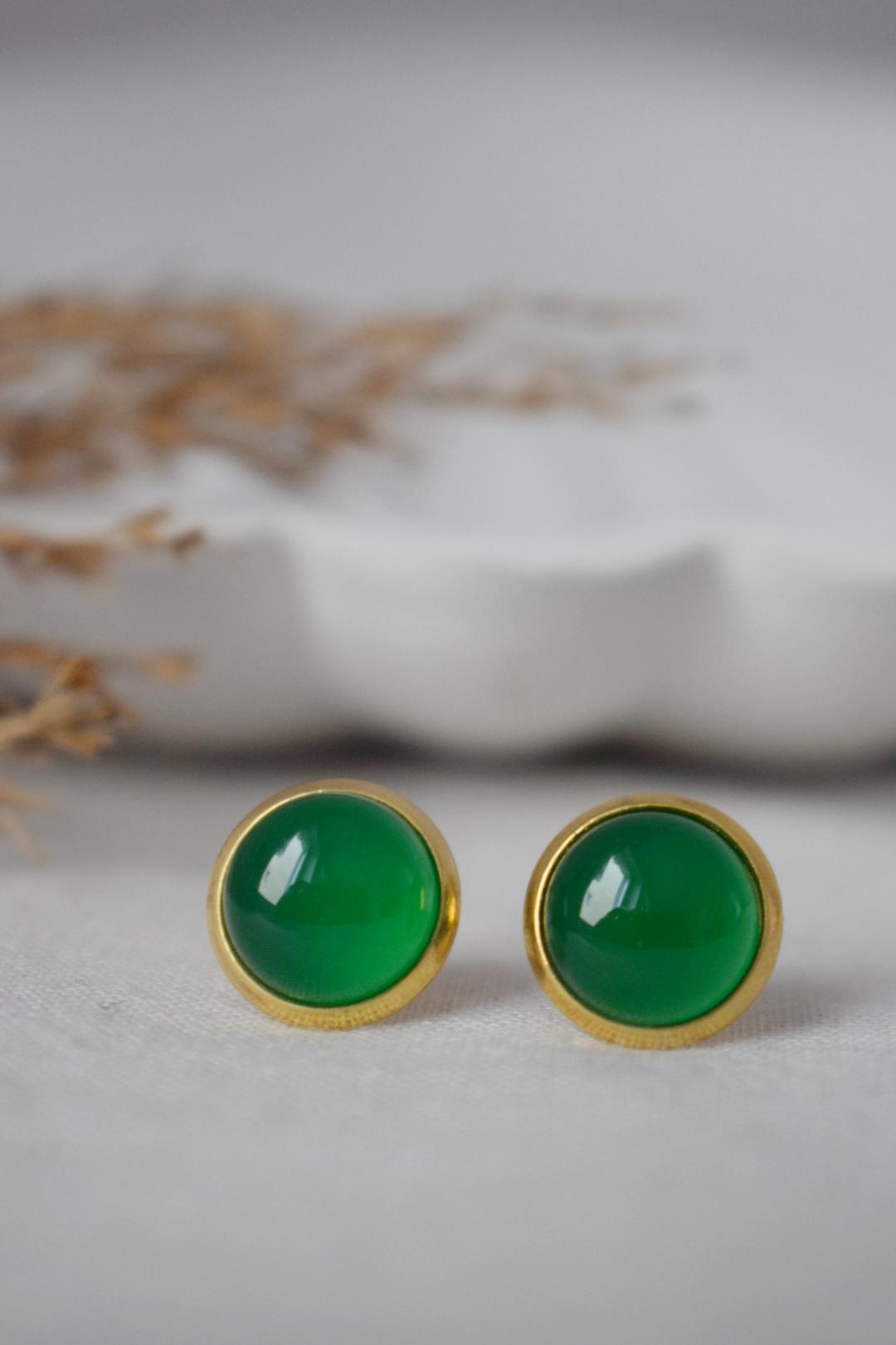 Green Agate Stud Earrings: 18k Gold Plated Stainless Steel Jewelry