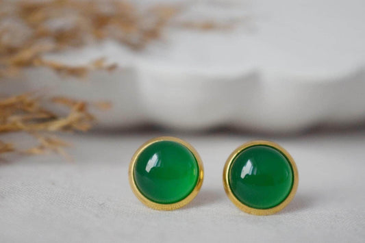 Green Agate Stud Earrings: 18k Gold Plated Stainless Steel Jewelry