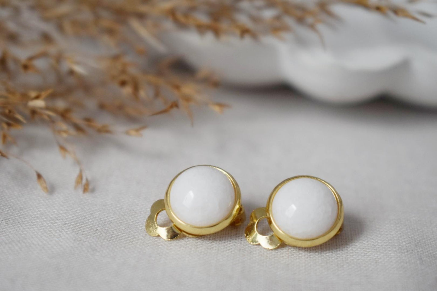 White jade clip on earrings, Gemstone ear clips, Non pierced Surgical stainless steel Jewelry