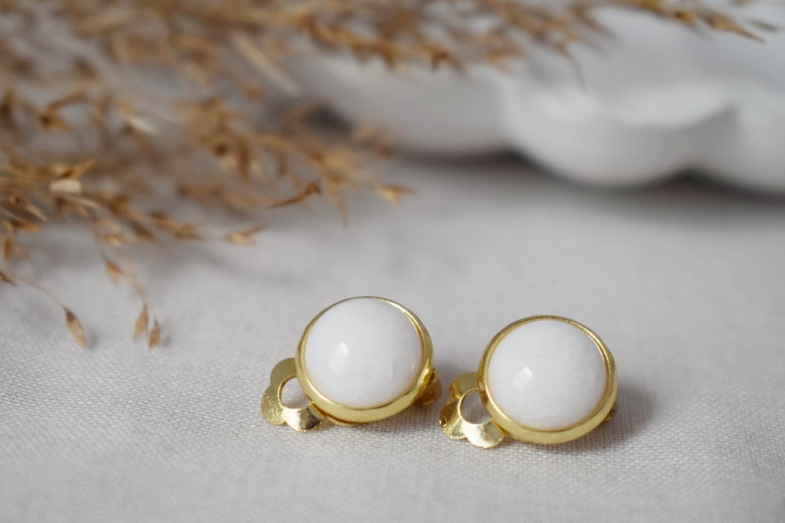 White jade clip on earrings, Gemstone ear clips, Non pierced Surgical stainless steel Jewelry