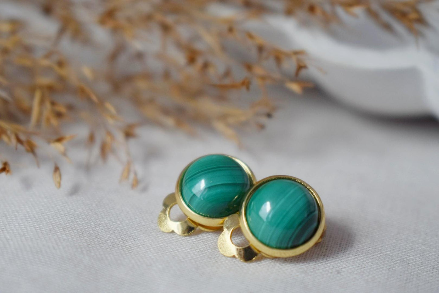 Malachite Clip On Earrings: Surgical Steel, Natural Gemstone
