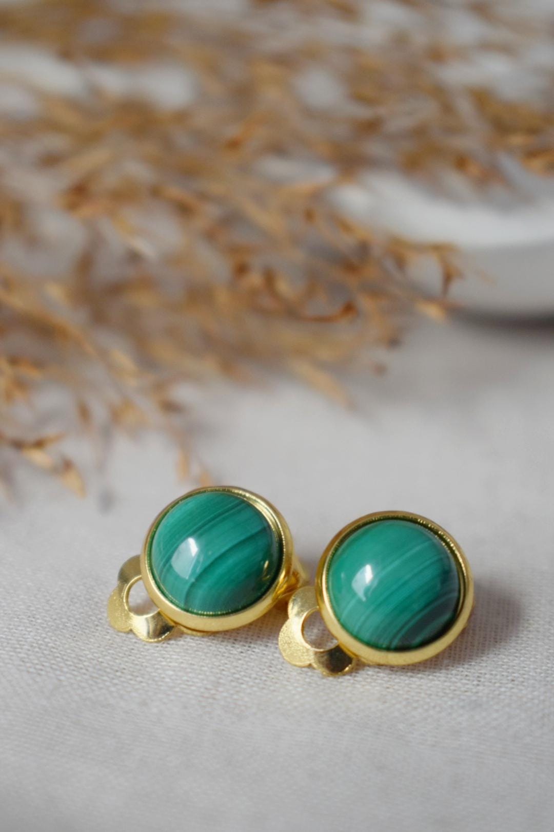 Malachite Clip on earrings women, Small Green gemstone ear clips, Surgical stainless steel, Natural stone, Non pierced, No hole earrings