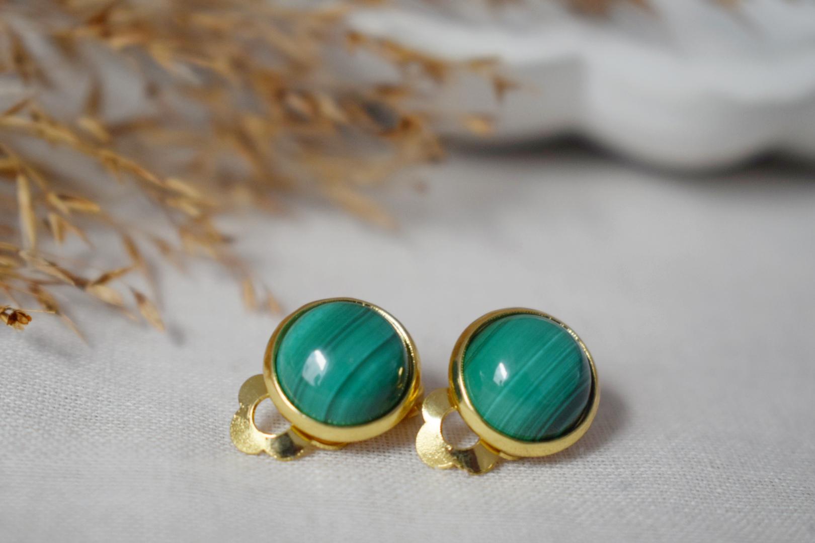 Malachite Clip On Earrings: Surgical Steel, Natural Gemstone