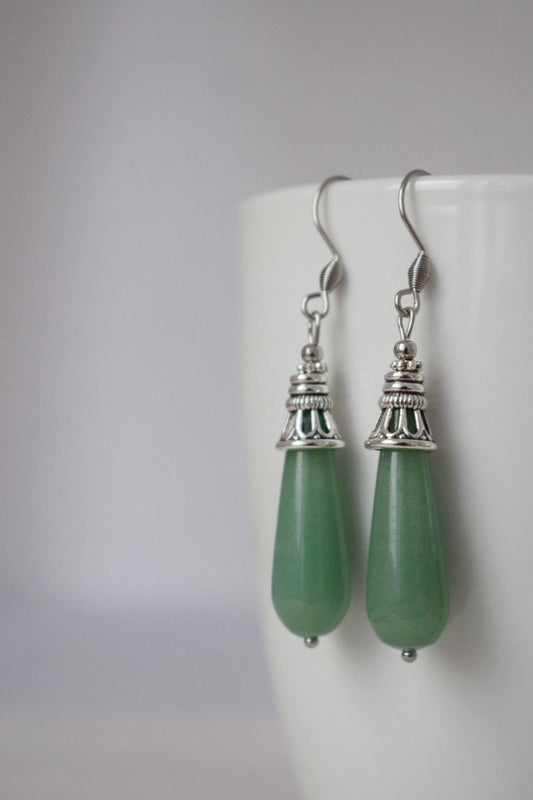 Aventurin Ohrringe, Lange Tropfen Ohrringe, Grüne Edelstein Tropfen Ohrringe, Boho Hängeohrringe, Natürlicher Aventurin Schmuck