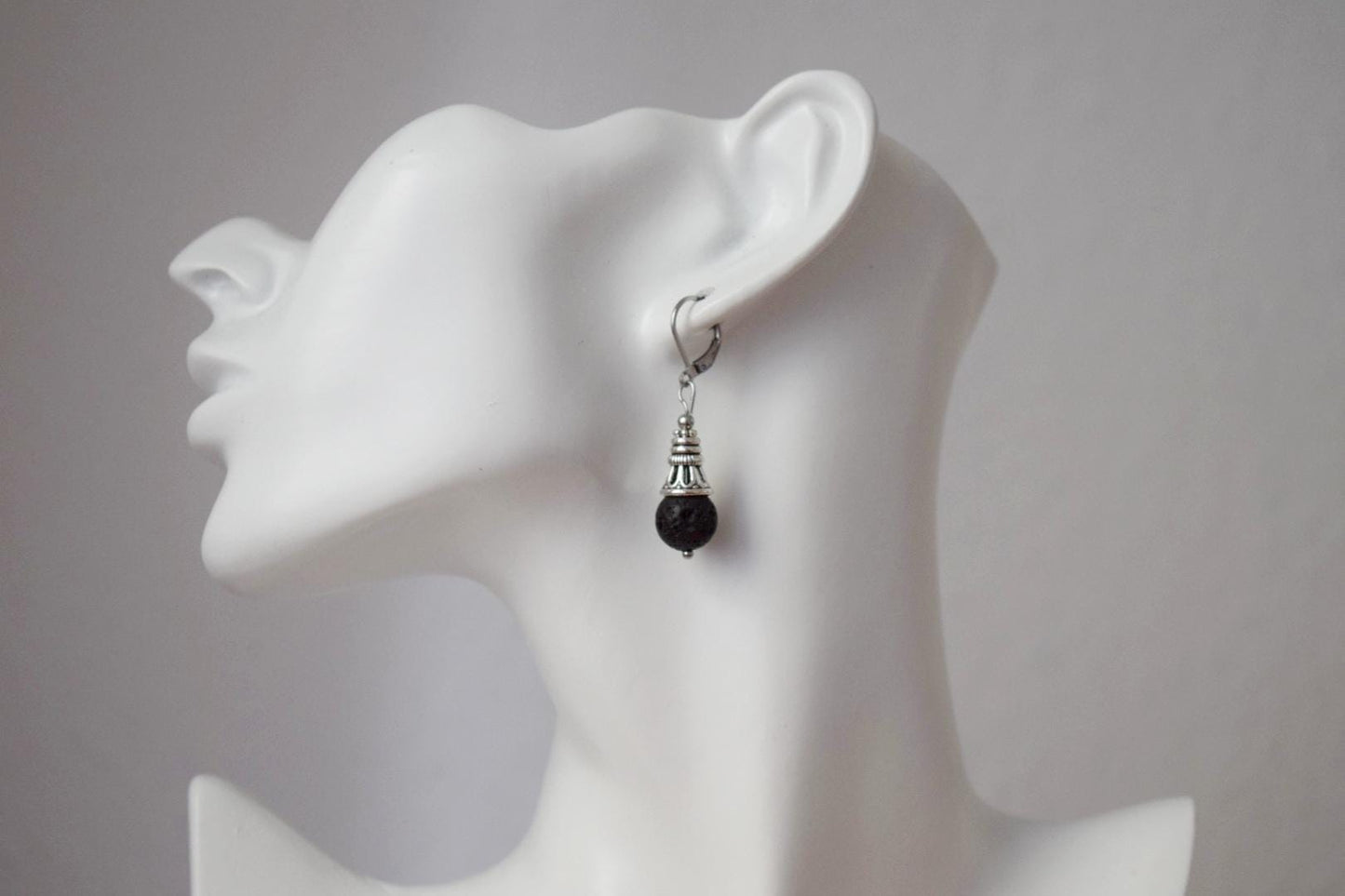 Lava Stone Diffuser Earrings: Black Gemstone Huggie Hoops, Stainless Steel