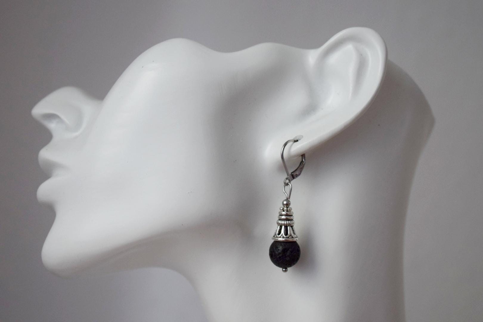 Lava Stone Diffuser Earrings: Black Gemstone Huggie Hoops, Stainless Steel
