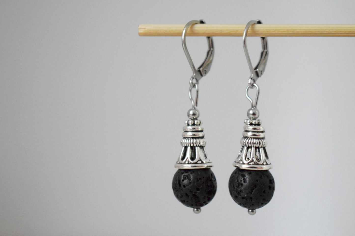 Lava Stone Diffuser Earrings: Black Gemstone Huggie Hoops, Stainless Steel