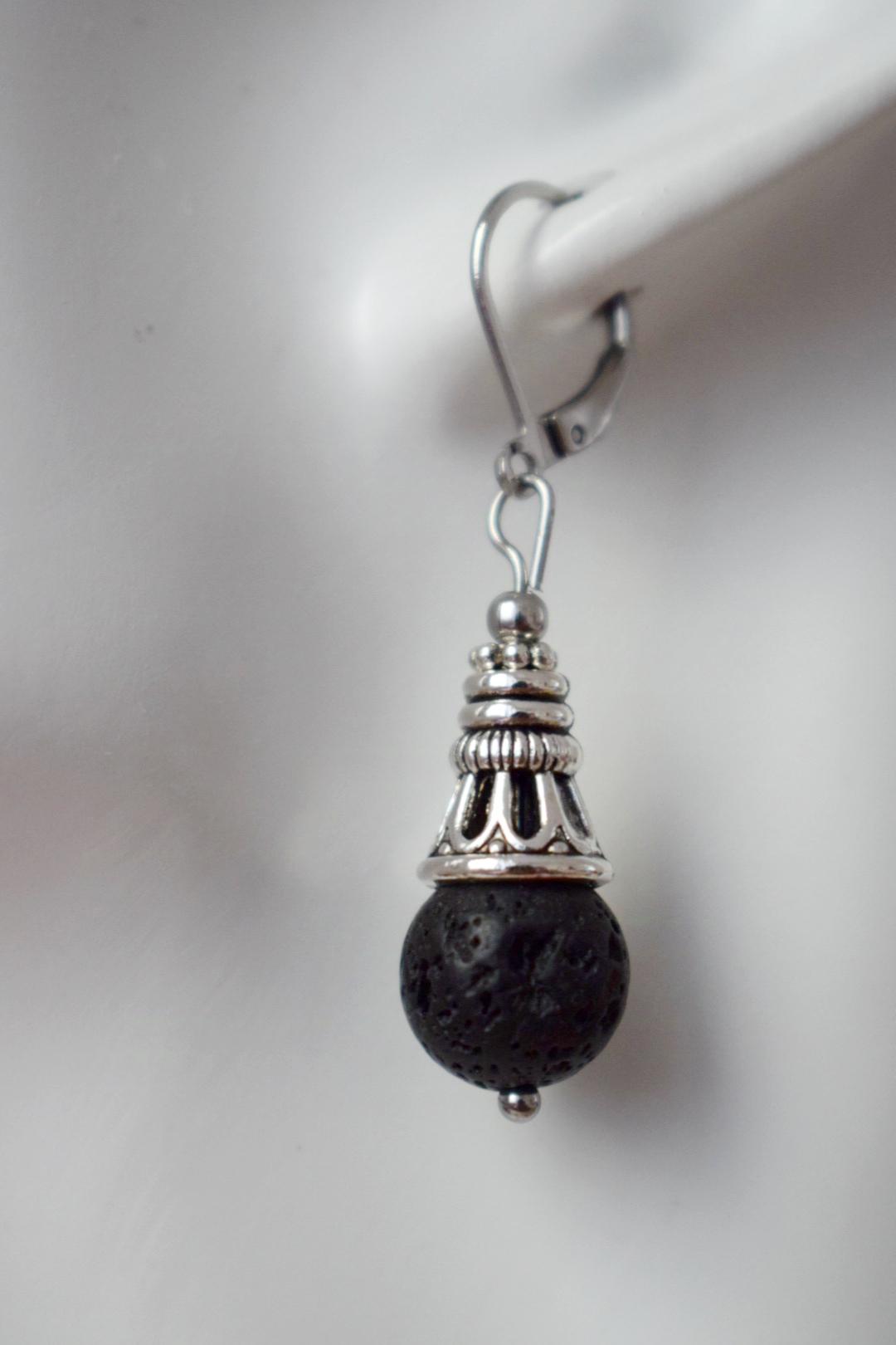 Lava Stone Diffuser Earrings: Black Gemstone Huggie Hoops, Stainless Steel