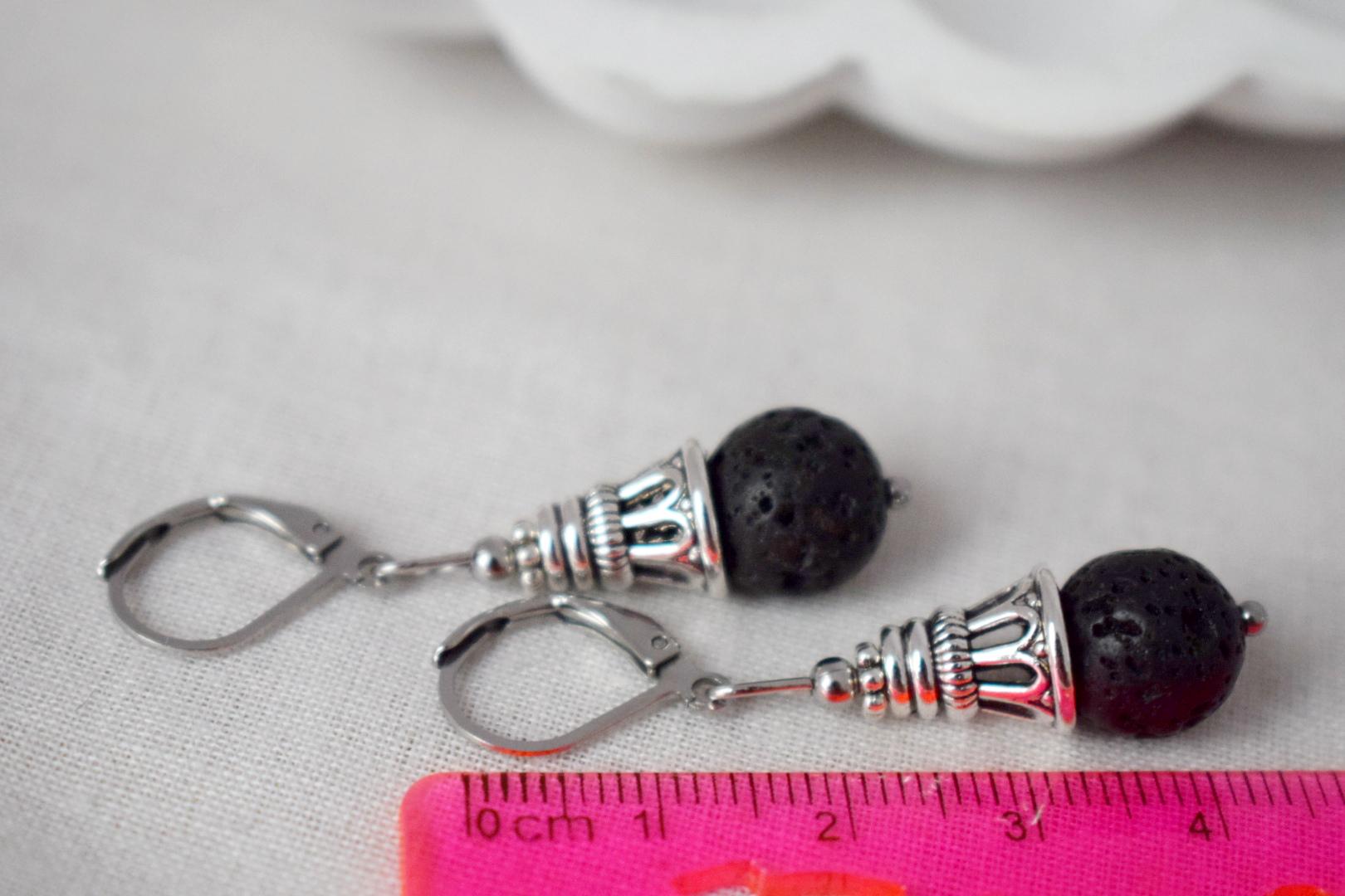 Lava Stone Diffuser Earrings: Black Gemstone Huggie Hoops, Stainless Steel