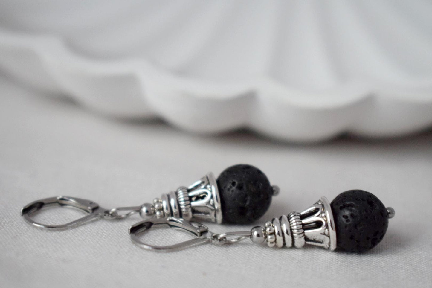 Lava Stone Diffuser Earrings: Black Gemstone Huggie Hoops, Stainless Steel