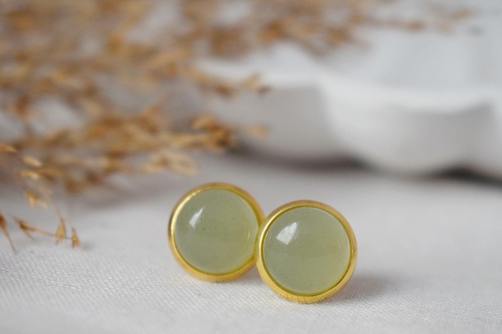 Green Aventurine Stud Earrings, 18k Gold Plated Stainless Steel Jewelry