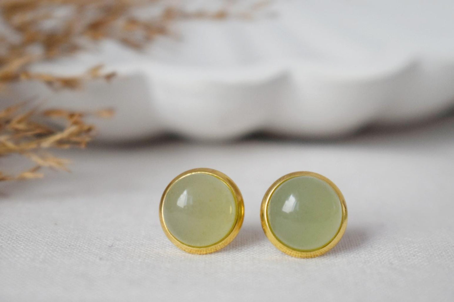 Green Aventurine Stud Earrings, 18k Gold Plated Stainless Steel Jewelry