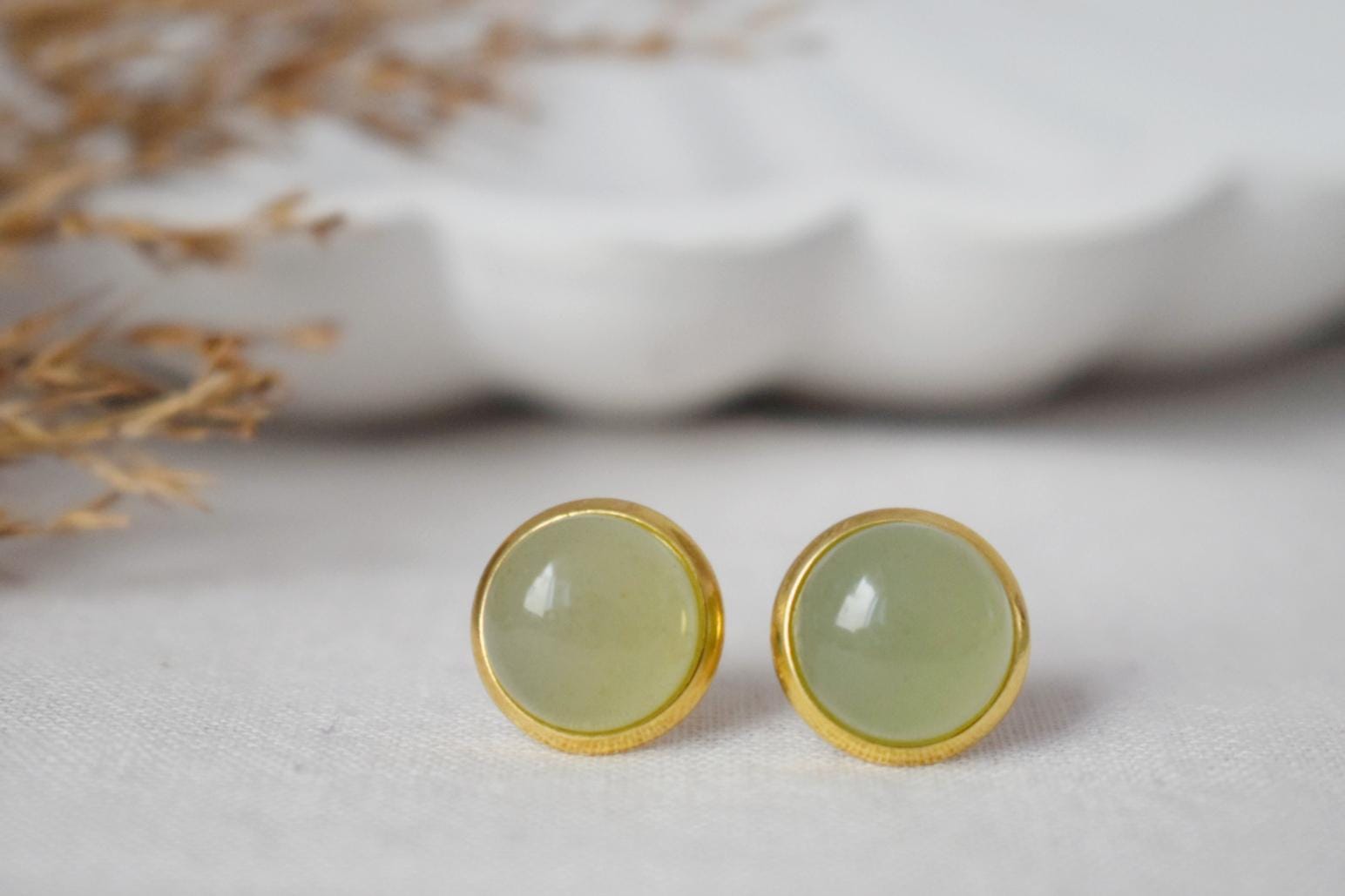 Green Aventurine Stud Earrings, 18k Gold Plated Stainless Steel Jewelry