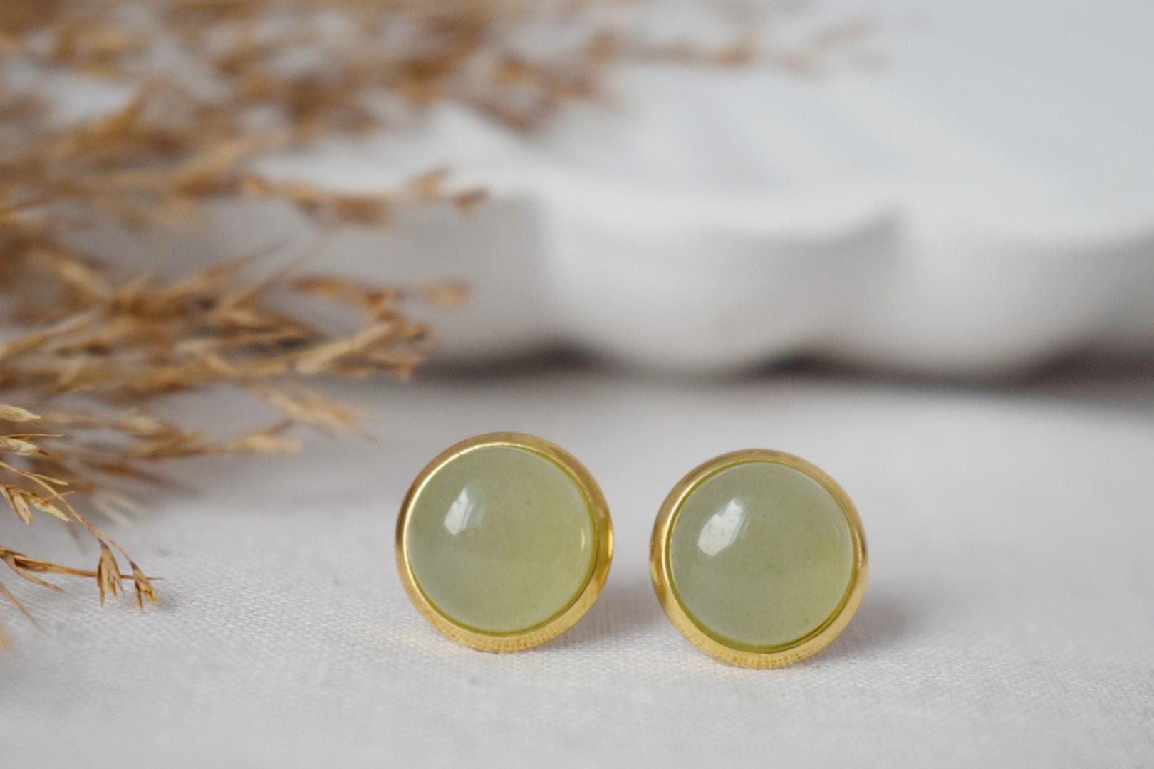 Green Aventurine Stud Earrings, 18k Gold Plated Stainless Steel Jewelry