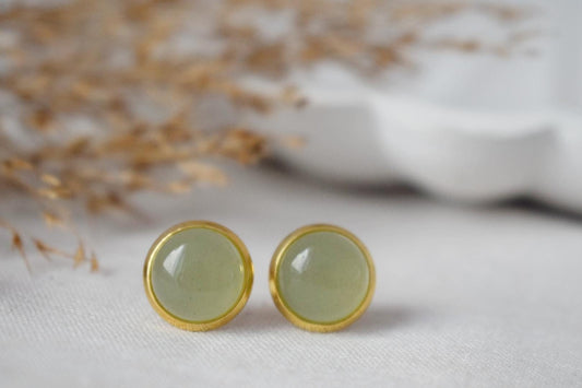 Green Aventurine Stud Earrings, 18k Gold Plated Stainless Steel Jewelry