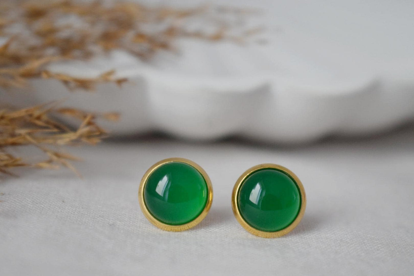 Green Agate Stud Earrings: 18k Gold Plated Stainless Steel Jewelry