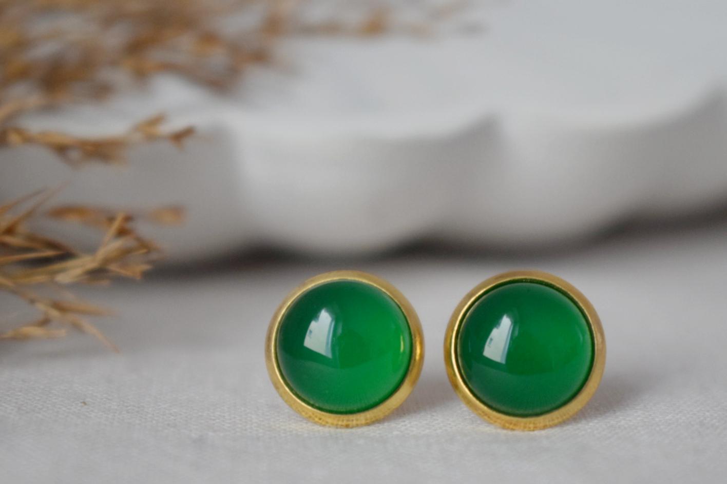 Green Agate Stud Earrings: 18k Gold Plated Stainless Steel Jewelry