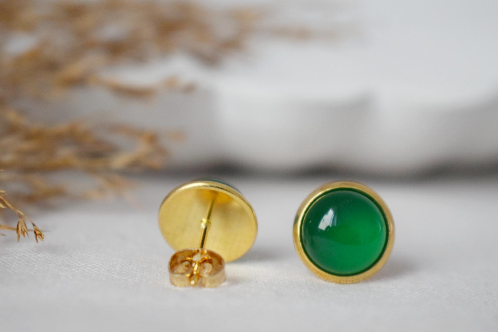Green Agate Stud Earrings: 18k Gold Plated Stainless Steel Jewelry