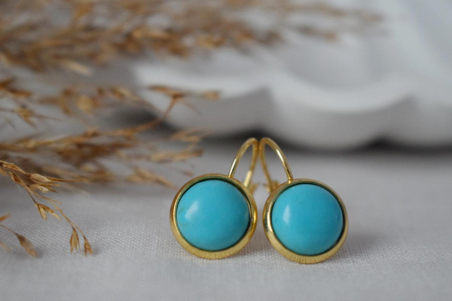 Türkise Ohrringe, runder blauer Edelstein, 18 Karat vergoldeter Edelstahl, leichte Ohrringe, Boho-Schmuck für Damen, Geschenk für Sie