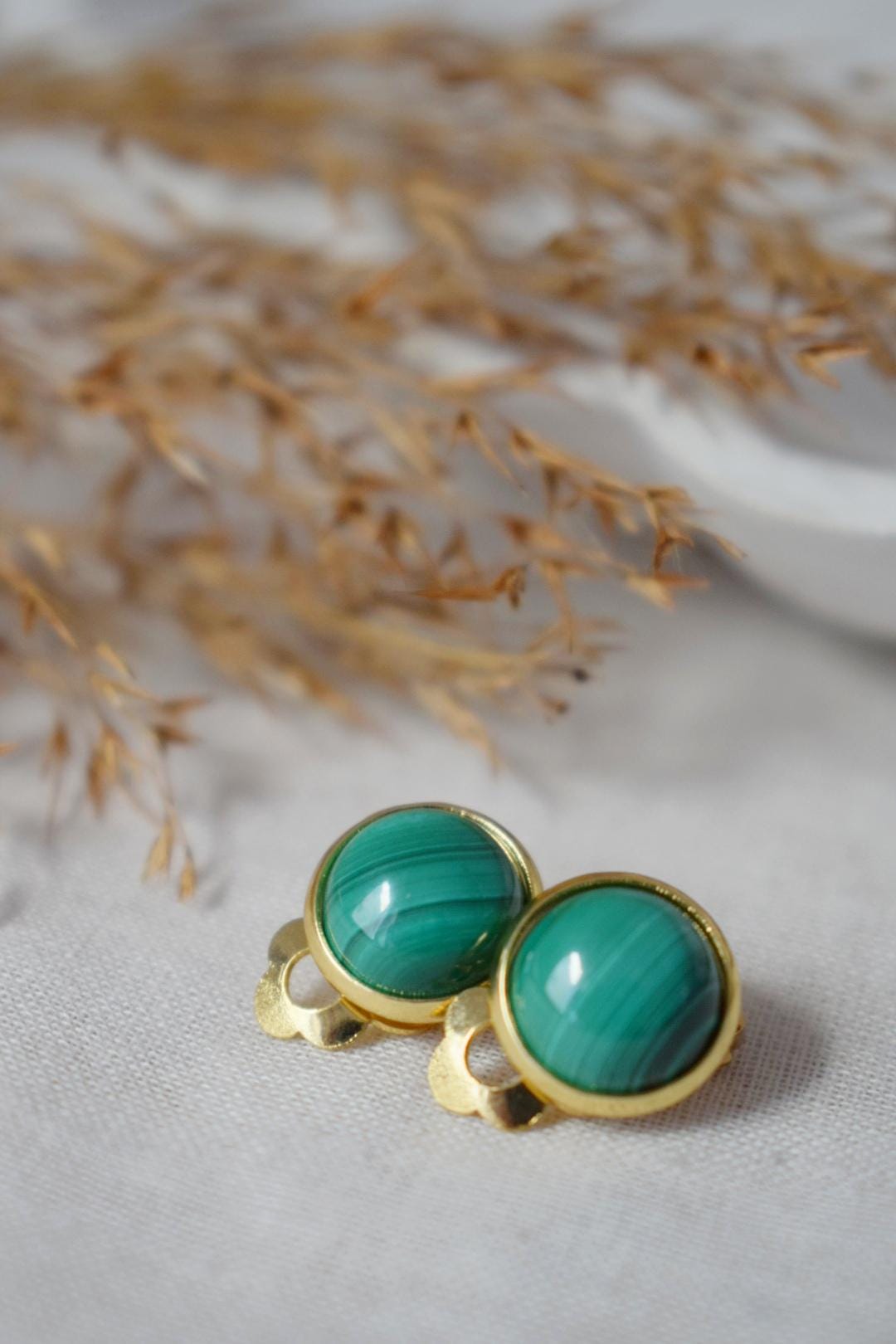 Malachite Clip On Earrings: Surgical Steel, Natural Gemstone