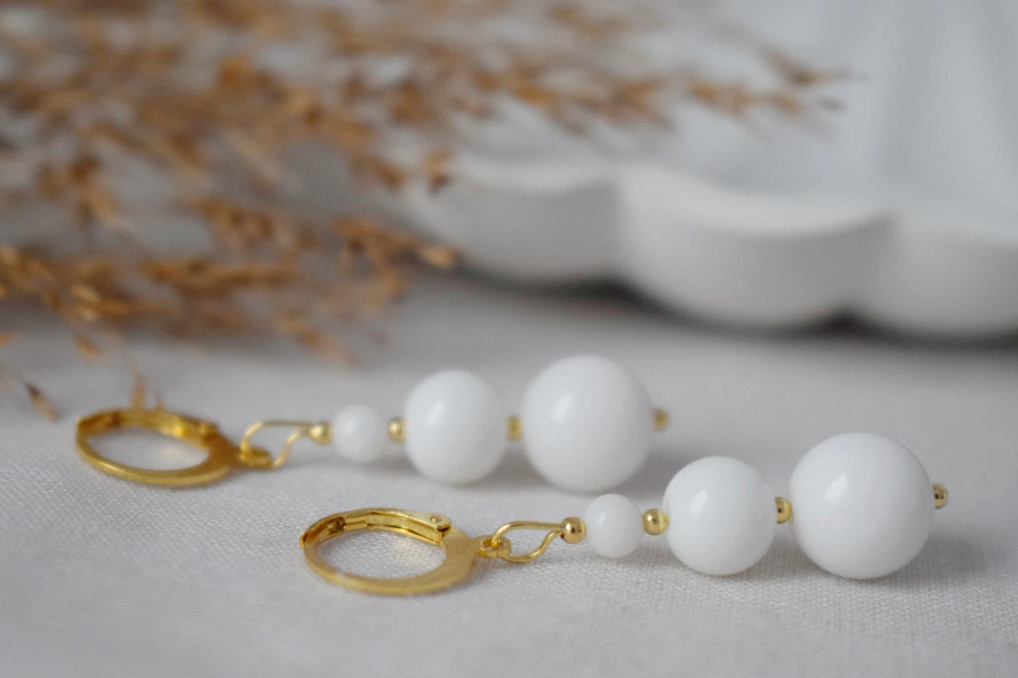 White Jade Dangle Earrings: Gemstone Minimalist Jewelry, Gift for her