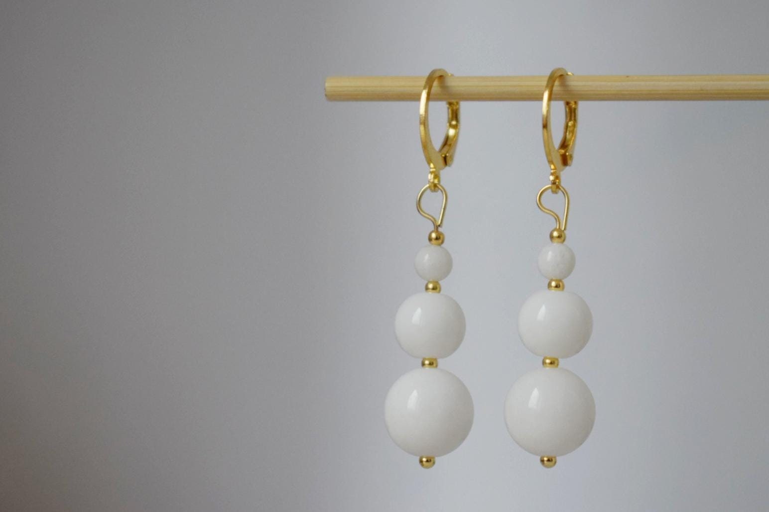White Jade Dangle Earrings: Gemstone Minimalist Jewelry, Gift for her
