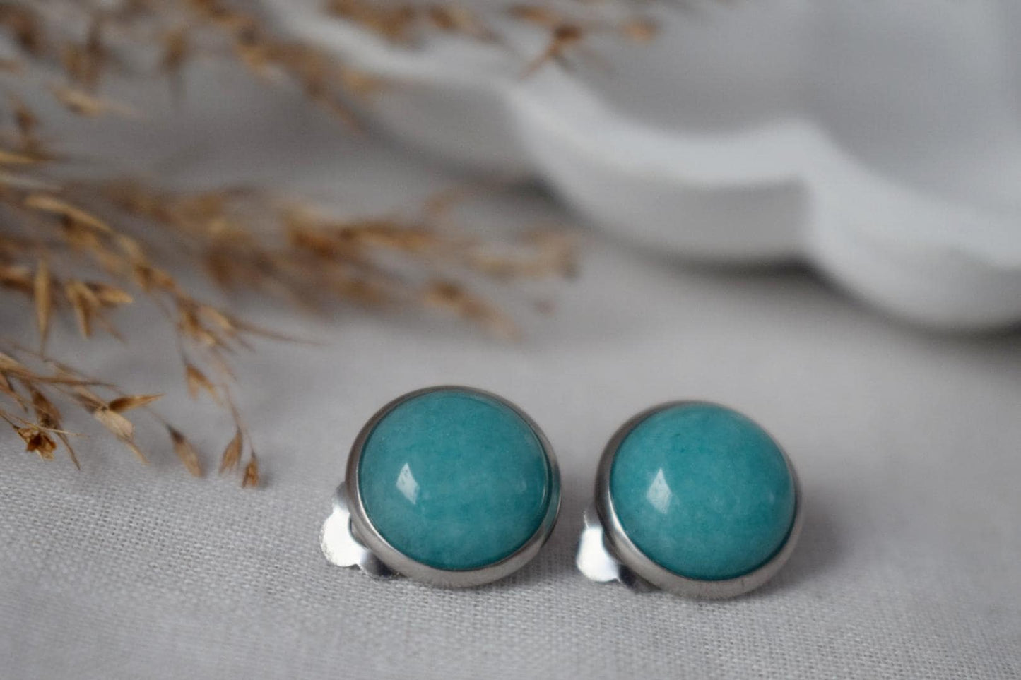 Jade Turquoise Clip On Earrings: Surgical Steel, Handmade