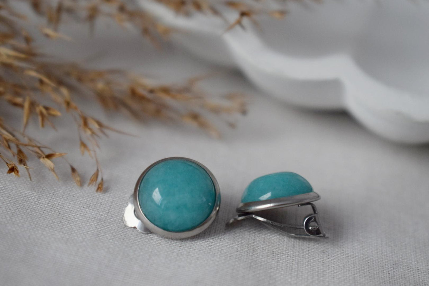 Jade Turquoise Clip On Earrings: Surgical Steel, Handmade