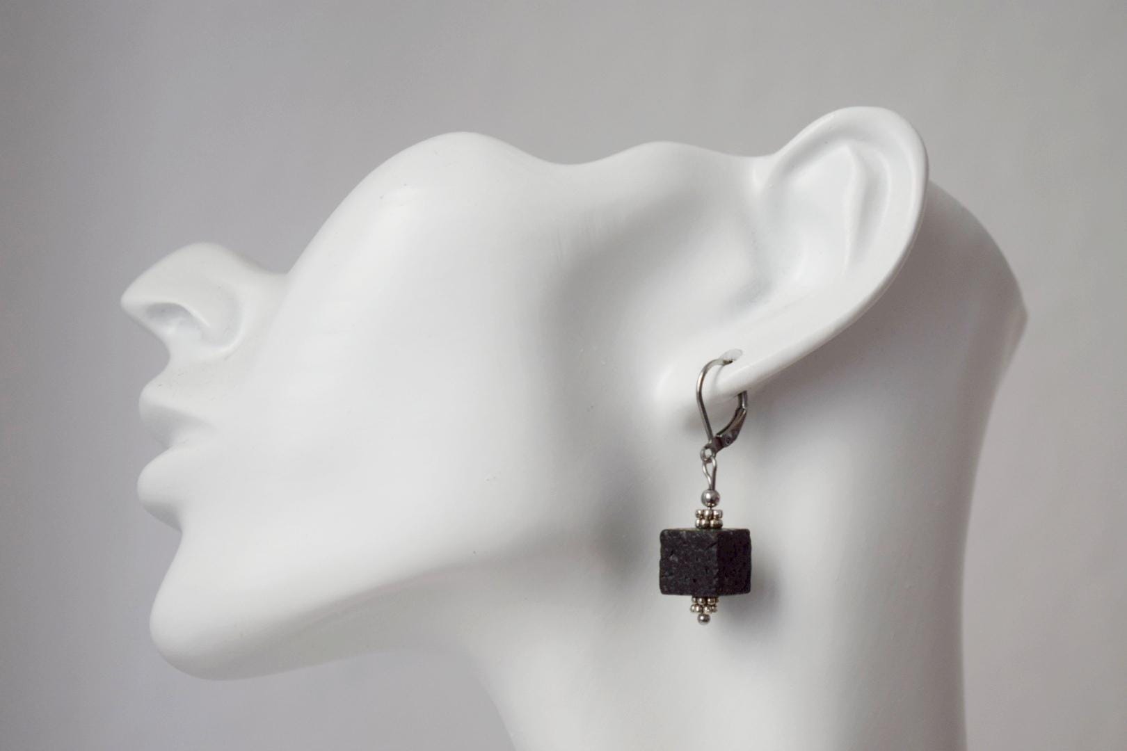 Lava Stone Cube Earrings: Surgical Steel Diffuser Hoops