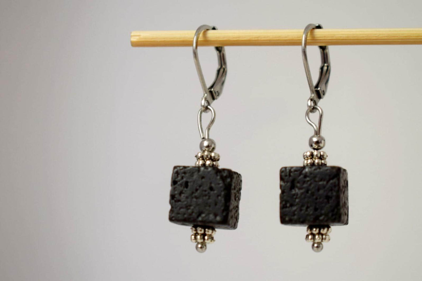 Lava Stone Cube Earrings: Surgical Steel Diffuser Hoops