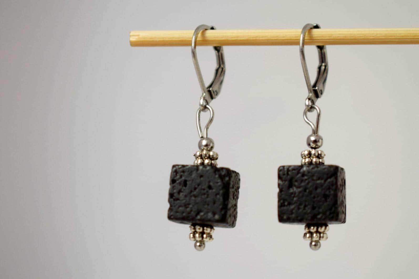 Lava Stone Cube Earrings: Surgical Steel Diffuser Hoops